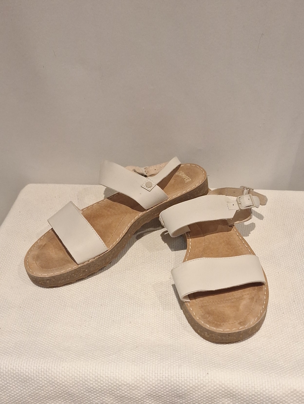 Camper Pimpom White Two-Strap Leather Slingback Sandals